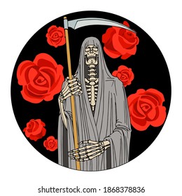 death in a shroud with a scythe and red roses, grim reaper, skeleton, vector illustration with black ink contour lines isolated on a white background in cartoon and hand drawing style