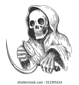 Death with sickle and pocket watch. Ink drawing style. Isolated on white.