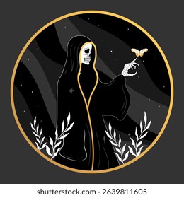 Death skeleton in a cassock emblem. Mystery, astrology, esoteric. Vector illustration