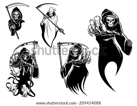 Death skeleton characters with and without scythe,  suitable for Halloween, logo, religion and tattoo design