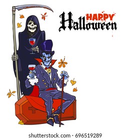 Death skeleton and Dracula vampire. Halloween Characters  in cartoon style. Happy Halloween poster background with place for text. Hand drawn vector illustration isolated on white.