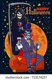  Death skeleton and Dracula vampire on full Moon background. Cartoon characters. Happy Halloween text. Poster, flyer or invitation design template. Hand drawn vector illustration isolated.