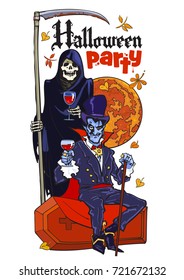  Death skeleton and Dracula vampire on full Moon background. Cartoon characters. Halloween Party text. Poster, flyer or invitation design template. Hand drawn vector illustration isolated on white.