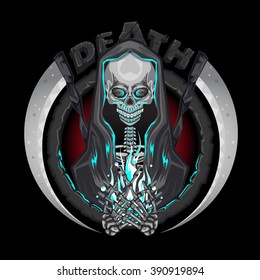 Death skeleton Grim Reaper characters with scythe Emblem Logo Holding Human Soul
