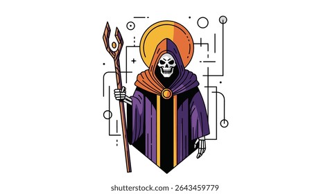 Death Skeleton Wizard in Purple Robes With Staff and Yellow Round Halo