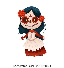 Death or Skeleton in Woman Dress with Red Flower in Hair as Halloween Character Vector Illustration