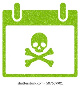 Death Skull Calendar Day grainy textured icon for overlay watermark stamps. Flat symbol with scratched texture. Dotted vector eco green ink rubber seal stamp with grunge design on a white background.