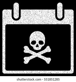 Death Skull Calendar Day grainy textured icon for overlay watermark stamps. Flat symbol with unclean texture. Dotted vector white ink rubber seal stamp with grunge design on a black background.