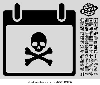 Death Skull Calendar Day icon with bonus calendar and time management pictograms. Vector illustration style is flat iconic symbols, black, light gray background.