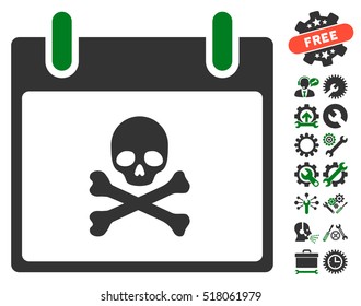 Death Skull Calendar Day icon with bonus tools graphic icons. Vector illustration style is flat iconic symbols, green and gray, white background.