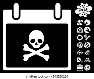 Death Skull Calendar Day icon with bonus tools design elements. Vector illustration style is flat iconic symbols, white, black background.