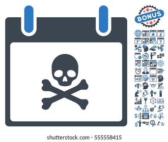 Death Skull Calendar Day icon with bonus calendar and time management graphic icons. Vector illustration style is flat iconic symbols, smooth blue, white background.