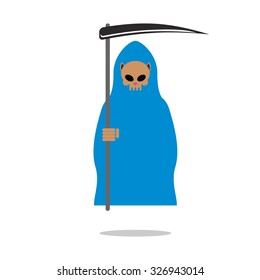 Death skull cat in blue cloak. Grim Reaper pets with scythe.
