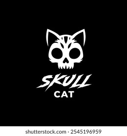 The Death Skull Cat Logo Design.Skeleton Of Cat On Black Background