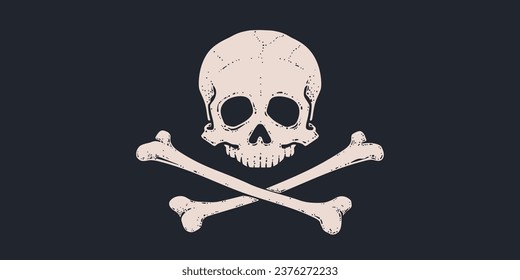 Death Skull Crossbones. Retro hand drawn white skull with cross bones on black pirate flag. Vintage poster with black skull skeleton on dark background for celebration Halloween. Vector Illustration