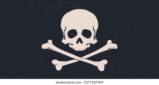 Death Skull Crossbones. Retro hand drawn white skull with cross bones on black pirate flag. Vintage poster with black skull skeleton on dark background for celebration Halloween. Vector Illustration