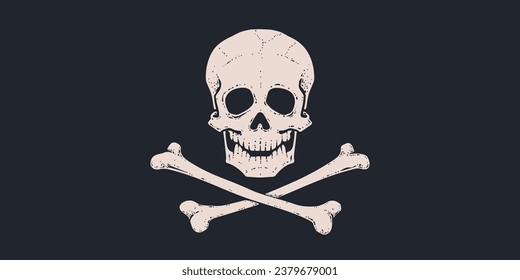 Los huesos del cráneo de la muerte. Calavera blanca dibujada a mano retro con huesos cruzados sobre la bandera pirata negra. Afiche de época con esqueleto de cráneo negro sobre fondo oscuro para la celebración de Halloween. Ilustración vectorial