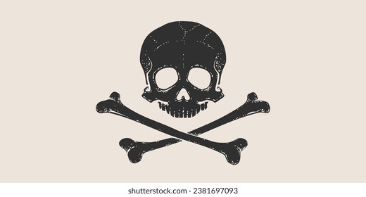 Los huesos del cráneo de la muerte. Calavera blanca dibujada a mano retro con huesos cruzados sobre la bandera pirata blanca. Afiche de época con esqueleto de cráneo negro sobre fondo blanco para la celebración de Halloween. Ilustración vectorial