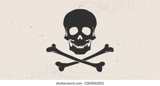 Death Skull Crossbones. Retro hand drawn white skull with cross bones on white pirate flag. Vintage poster with black skull skeleton on white background for celebration Halloween. Vector Illustration