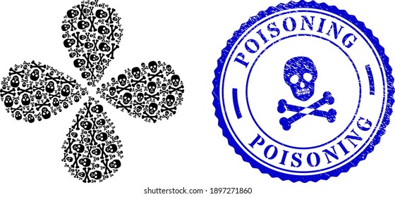 Death skull curl abstract flower, and blue round POISONING rubber print with icon inside. Object twirl composed from oriented death skull symbols. Vector flower collage in flat style.