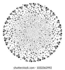 Death Skull curl explosion. Object cyclone combined from scattered death skull items. Vector illustration style is flat iconic symbols.