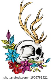 The Death Skull With The Dear Horns And The Realistic Flowers Around Of Illustration