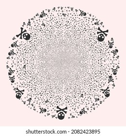 Death skull festive round cluster. Object pattern is done from random death skull pictograms as explosion globula. Abstract round globula collage is organized from death skull items.