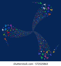 Death Skull fireworks swirl rotation. Vector illustration style is flat bright multicolored iconic symbols on a blue background. Object twirl created from random pictograms.