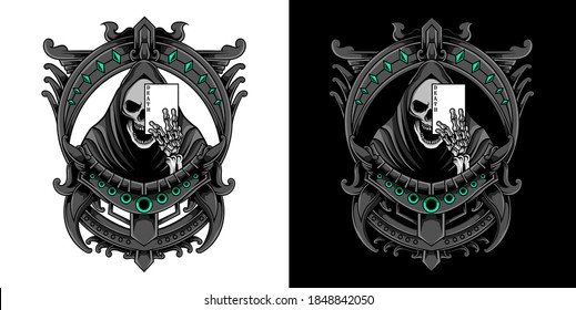 Death Skull Grim Reaper Holding Card Illustration