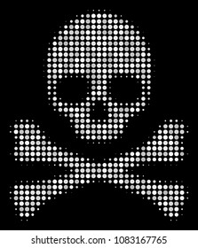 Death skull halftone vector icon. Illustration style is dotted iconic death skull symbol on a black background. Halftone texture is constructed of circle spots.