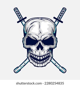 Death skull head bone line art potrait logo colorful design with double katana sword background. Isolated black background for t-shirt