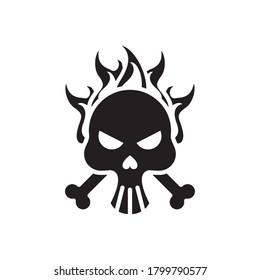 death skull head with bones crossed on fire silhouette style icon vector illustration design
