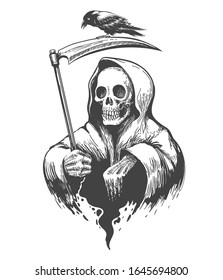 Death Skull in a Hood with Scythe and Crow tattoo. Vector illustration.