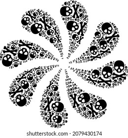 Death skull icon curl twist flower fireworks shape. Flower twist created from scattered death skull symbols.