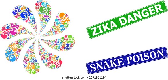 Death skull icon multi colored swirl burst flower salute composition, and grunge Zika Danger stamp. Blue Snake Poison and green Zika Danger rectangle grunge seal stamps.