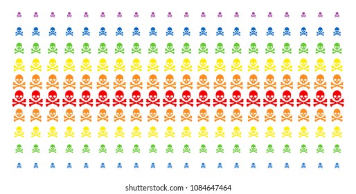 Death Skull icon rainbow colored halftone pattern. Vector symbols arranged into halftone matrix with vertical spectral gradient. Designed for backgrounds, covers,