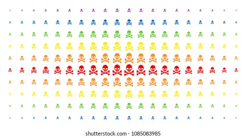Death skull icon rainbow colored halftone pattern. Vector death skull items are arranged into halftone array with vertical spectral gradient. Designed for backgrounds, covers,
