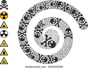 Death skull icon spiral composition. Death skull symbols are united into spiral vector illustration. Object twist is combined from randomized death skull symbols. Some other icons are pictured.