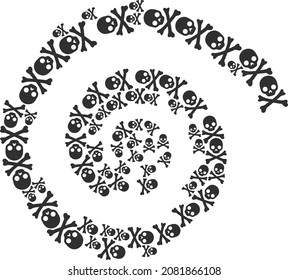 Death skull icon spiral mosaic. Death skull icons are grouped into curl vector illustration. Abstraction twirl is created from randomly allocated death skull icons.