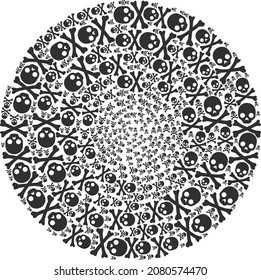 Death skull icon twist spheric composition. Death skull signs are united into globula twist mosaic structure. Abstraction round globula mosaic is designed from regular death skull items.