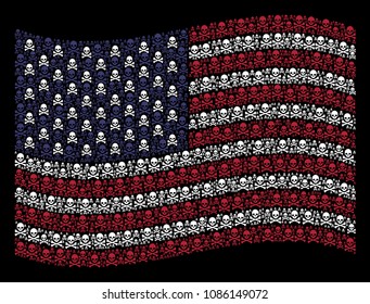 Death Skull Pictograms Are Arranged Into Waving United States Flag Abstraction On A Dark Background. Vector Collage Of America State Flag Is Organized Of Death Skull Items.