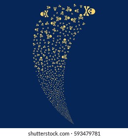 Death Skull random fireworks stream. Vector illustration style is flat yellow iconic symbols on a blue background. Object fountain made from scattered icons.