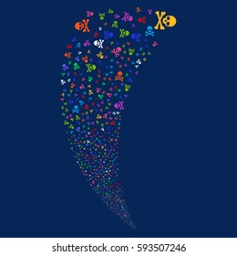 Death Skull random fireworks stream. Vector illustration style is flat bright multicolored iconic symbols on a blue background. Object fountain made from scattered pictographs.
