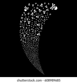 Death Skull random fireworks stream. Vector illustration style is flat white iconic symbols on a black background. Object fountain combined from scattered symbols.