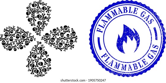 Death skull rotation flower shape, and blue round FLAMMABLE GAS unclean badge with icon inside. Object whirlpool organized from oriented death skull items. Vector flower collage in flat style.