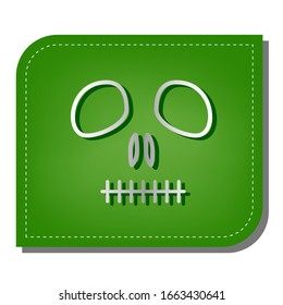 Death skull sign. Silver gradient line icon with dark green shadow at ecological patched green leaf. Illustration.