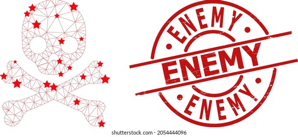 Death skull star mesh net and grunge Enemy seal stamp. Red seal with distress surface and Enemy word inside round shape. Enemy stamp seal uses round form, red color.
