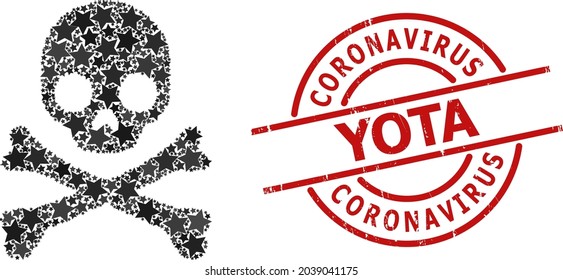 Totenschädel Sternmuster und grunge Coronavirus Yota Robbenmarke. Rote Briefmarke mit Grunge-Oberfläche und Coronavirus Yota Phrase im Inneren Kreis.