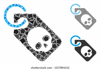 Death skull tag composition of abrupt pieces in different sizes and color tints, based on death skull tag icon. Vector trembly pieces are organized into collage.