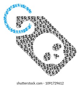 Death skull tag composition of dollars and sphere points. Vector dollar currency icons are united into death skull tag mosaic.